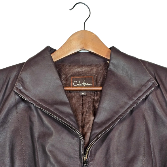 Cole Haan 100% Lambskin Leather Wing Collar Zip Jacket Chocolate Women Sz 14 NWT - Picture 2 of 9